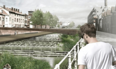 Een blik op hoe de nieuwe watertuin - waar je nu nog een flessenhals van het kanaal in Kortrijk hebt - er uit kan gaan zien. Hier aan de Groeningekaai, nabij de Gentsesteenweg © Studio Uad Urban Advice & Design